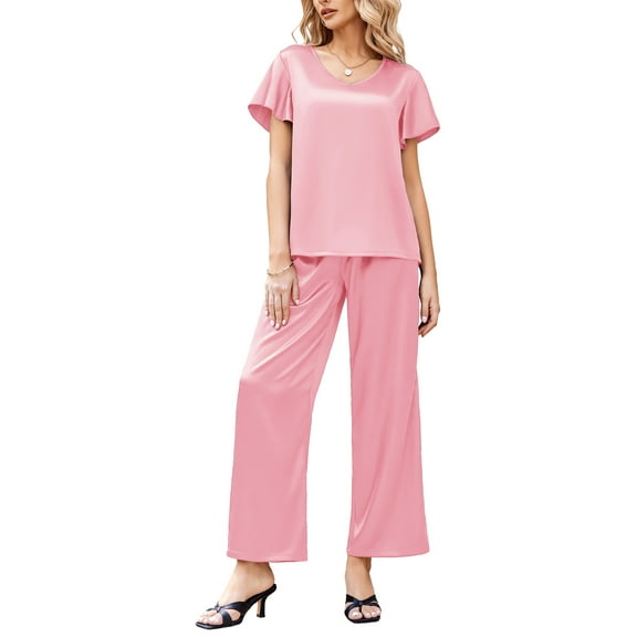 Oudiya Silk Pajamas Satin 2 Piece Short Sleeve Top and Long Pants Pj Sets Silky Sleepwear Loungewear for Women