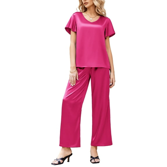 Oudiya Silk Pajamas Satin 2 Piece Short Sleeve Top and Long Pants Pj Sets Silky Sleepwear Loungewear for Women