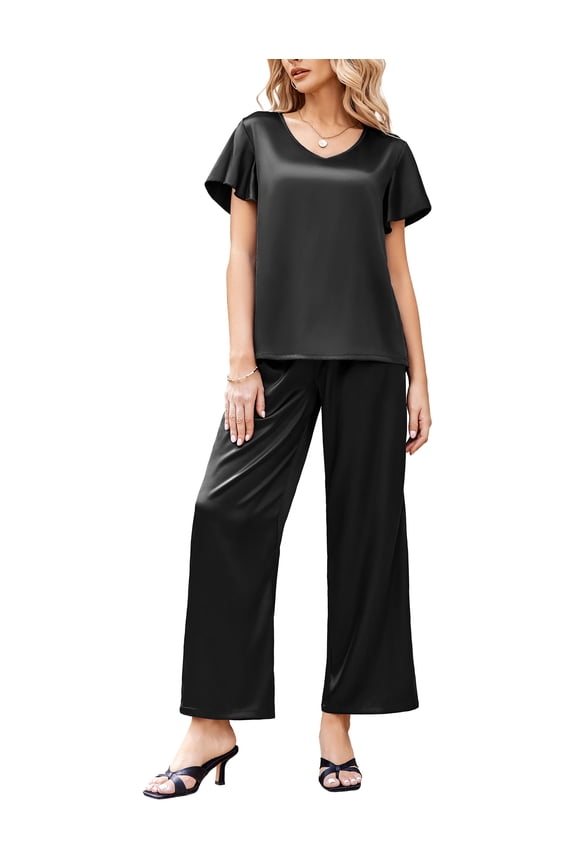 Silk Pajamas Satin 2 Piece Short Sleeve Top and Long Pants Pj Sets Silky Sleepwear Loungewear for Women