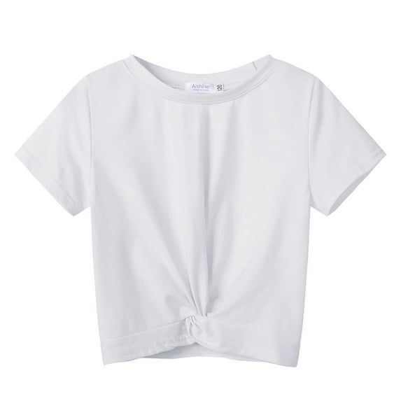 Oudiya Summer Girl's Short Sleeve T-Shirt Soft Crewneck Crop Top Twist Wrap Tee Fashion Clothes for 5-12Y