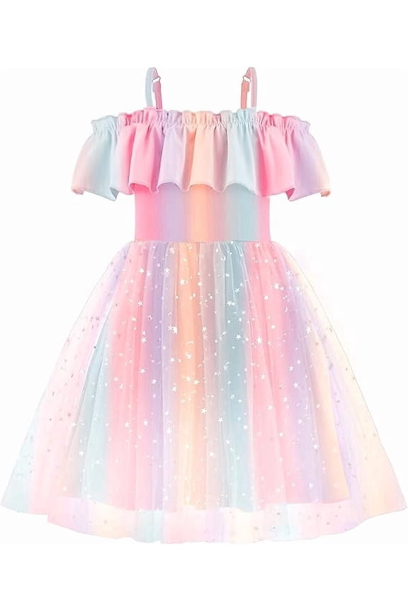 Toddler Girl Tulle Dress Off Shoulder Sequin Summer Dresses Flutter Formal Birthday Party Princess Dress for Kids 1-6Y