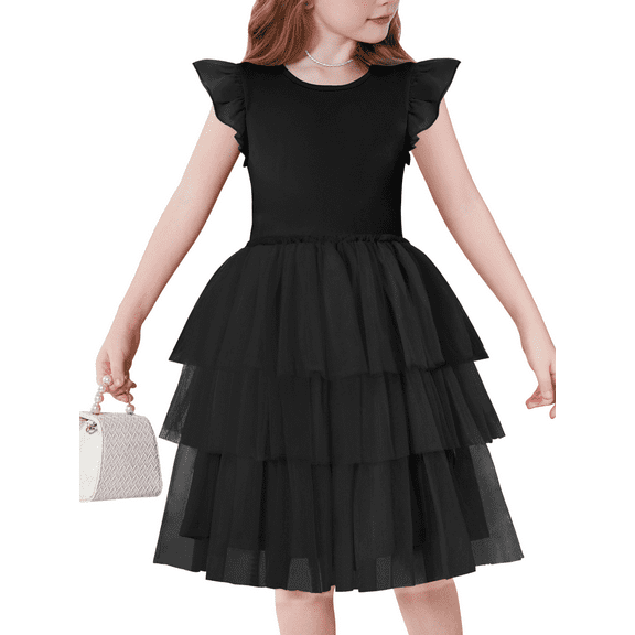 Oudiya Toddler Girls Fluffy Tutu Dress Tiered Summer Party Sundress Tulle Cute Black Dresses for Kids 2-7Y