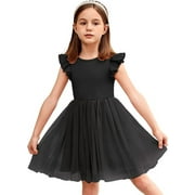 Oudiya Toddler Girls Tutu Black Dress Fluffy Ruffle Sleeve Dresses Summer Casual Tulle Party Sundress for Kids 2-6Y