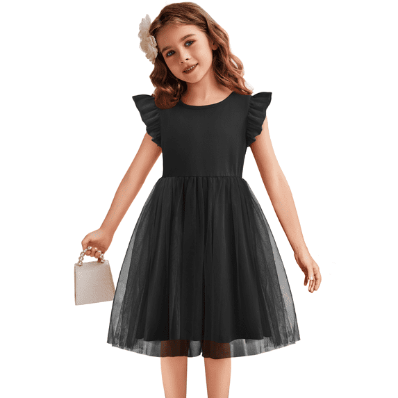 Oudiya Toddler Girls Tutu Black Dress Fluffy Ruffle Sleeve Dresses Summer Casual Tulle Party Sundress for Kids 4T-5T