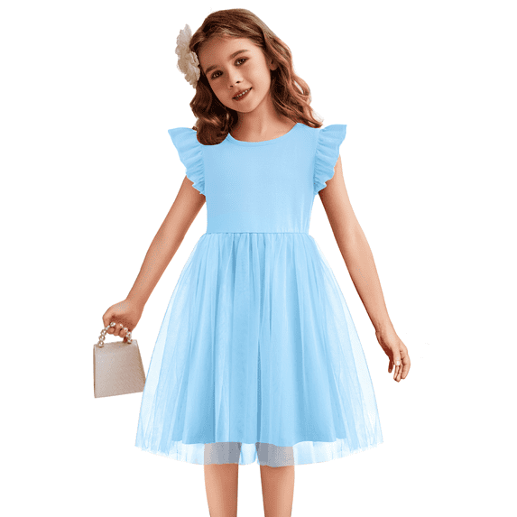 Oudiya Toddler Girls Tutu Blue Dress Fluffy Ruffle Sleeve Dresses Summer Casual Tulle Party Sundress for Kids 2T-3T
