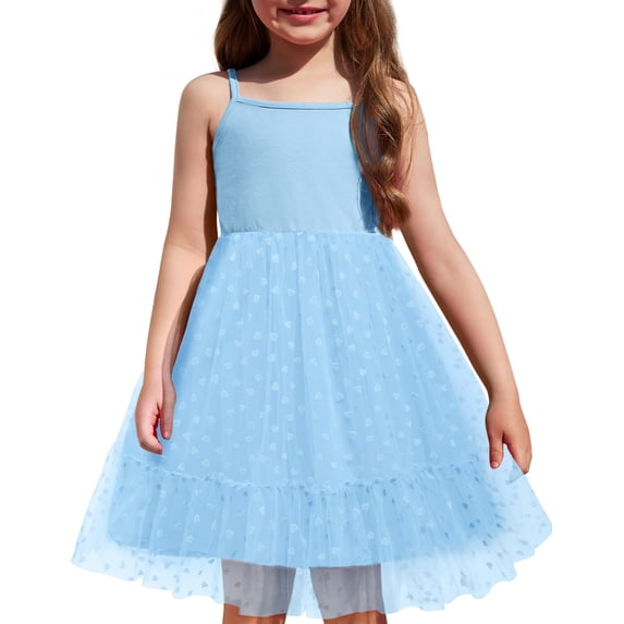 Oudiya Toddler Girls Tutu Blue Party Dress Tulle Ruffle Hem Cami Summer Dress for Kids 2-6Y