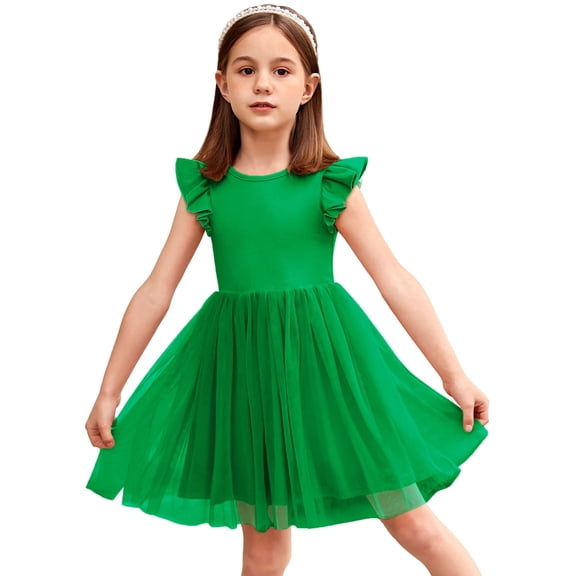 Oudiya Toddler Girls Tutu Easter Dress Fluffy Ruffle Sleeve Dresses Summer Casual Tulle Party Green Sundress for Kids 2T-3T