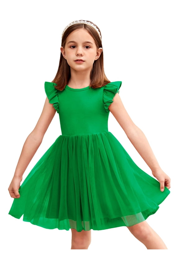 Toddler Girls Tutu Easter Dress Fluffy Ruffle Sleeve Dresses Summer Casual Tulle Party Green Sundress for Kids 7-8Y