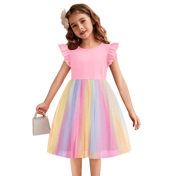 Oudiya Toddler Girls Tutu Fairy Dress Fluffy Ruffle Sleeve Dresses Summer Casual Tulle Party Sundress for Kids 3T-4T