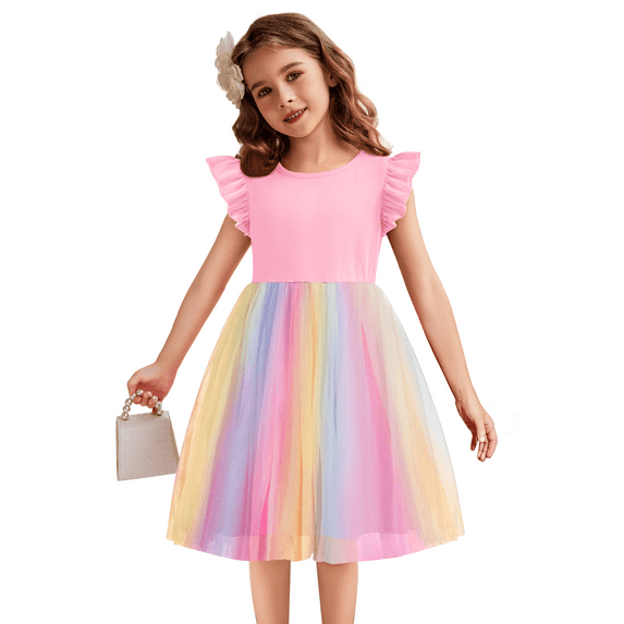 Oudiya Toddler Girls Tutu Fairy Dress Fluffy Ruffle Sleeve Dresses Summer Casual Tulle Party Sundress for Kids 3T-4T