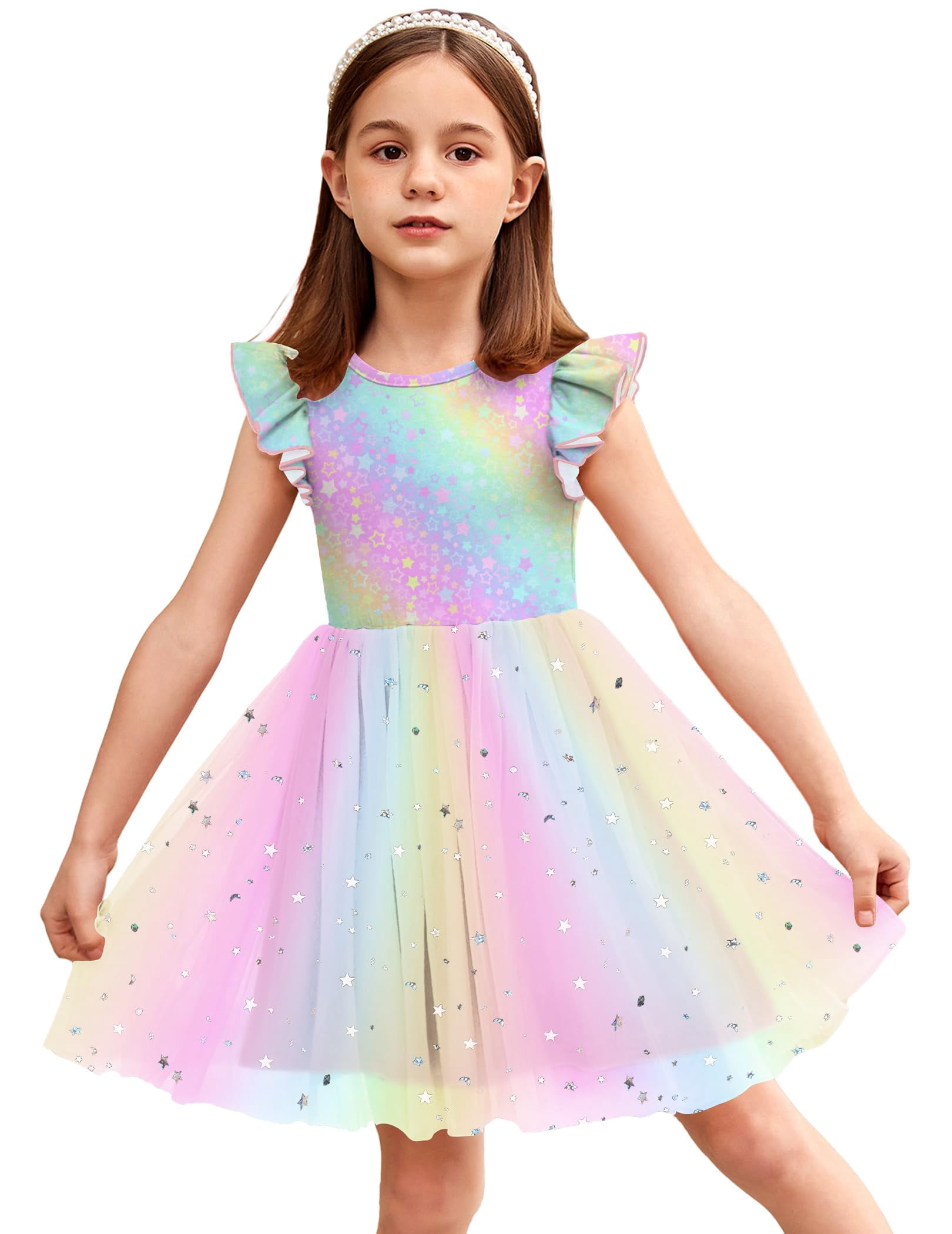 Oudiya Toddler Girls Tutu Fairy Dress Fluffy Ruffle Sleeve Dresses Summer  Casual Tulle Party Sundress for Kids 2T-3T