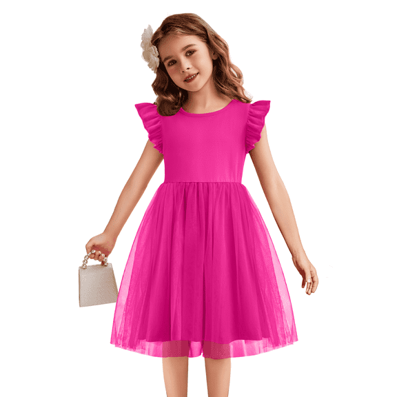 Oudiya Toddler Girls Tutu Pink Dress Fluffy Ruffle Sleeve Dresses Summer Casual Tulle Party Sundress for Kids 5-6Y