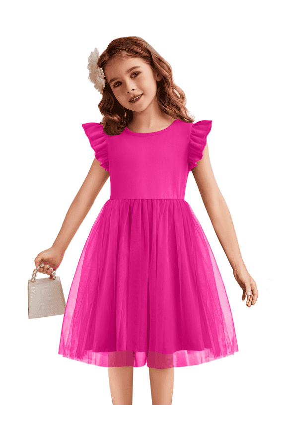 Toddler Girls Tutu Pink Dress Fluffy Ruffle Sleeve Dresses Summer Casual Tulle Party Sundress for Kids 3T-4T