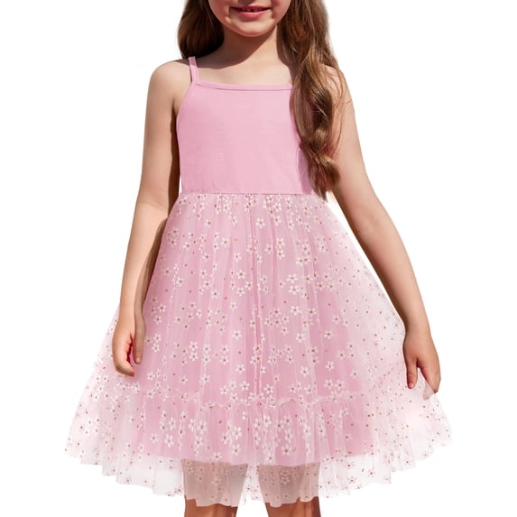 Oudiya Toddler Girls Tutu Pink Party Dress Tulle Ruffle Hem Cami Summer Dress for Kids 2-6Y
