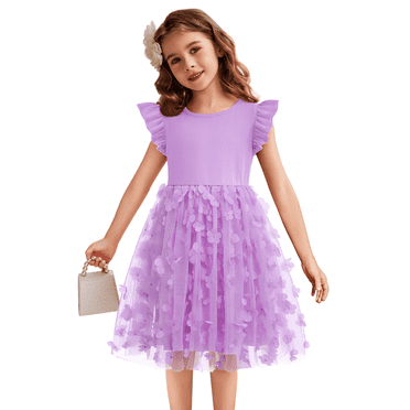 Oudiya Toddler Girls Tutu Purple Dress Fluffy Ruffle Sleeve Dresses Summer Casual Tulle Party Sundress for Kids 2-6Y
