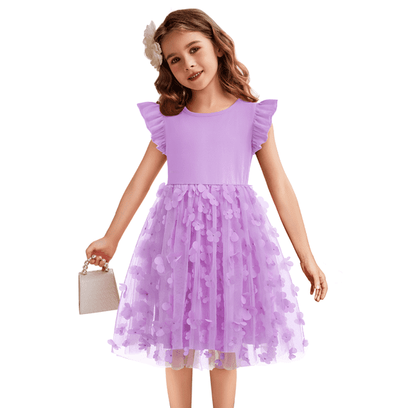 Oudiya Toddler Girls Tutu Purple Dress Fluffy Ruffle Sleeve Dresses Summer Casual Tulle Party Sundress for Kids 4T-5T