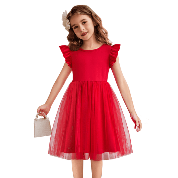 Oudiya Toddler Girls Tutu Red Dress Fluffy Ruffle Sleeve Dresses Summer Casual Tulle Party Sundress for Kids 4T-5T