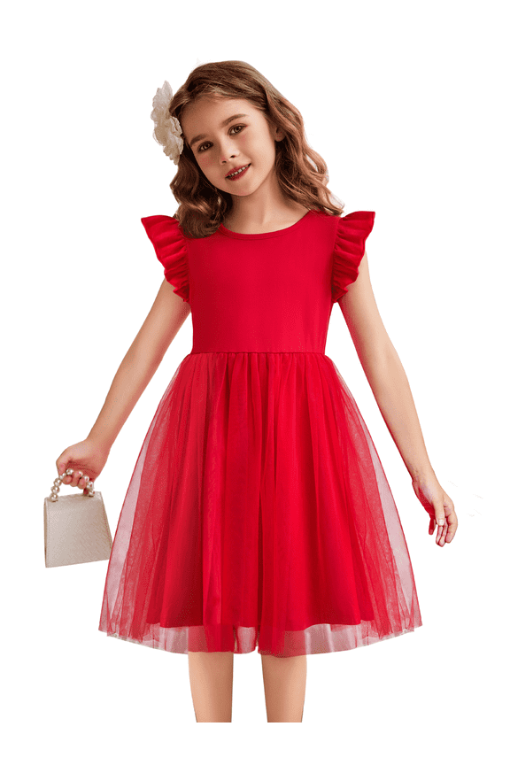 Toddler Girls Tutu Red Dress Fluffy Ruffle Sleeve Dresses Summer Casual Tulle Party Sundress for Kids 5-6Y