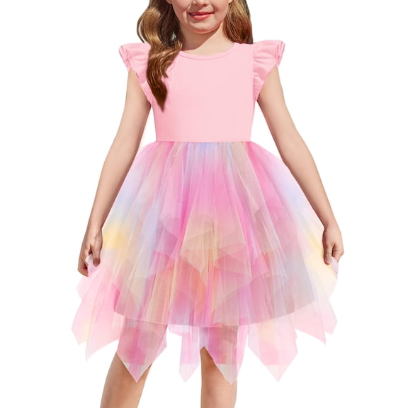 Oudiya Toddler Tutu Dress Little Girls Irregular Tulle Princess Birthday Party Formal Dresses, 4-8Y