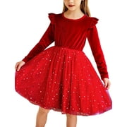 OUDIYA Toddler Tutu Dresses Little Girls Long Sleeve Red Tulle Spring Winter Ruffle Party Velvet Dress 2-6Y