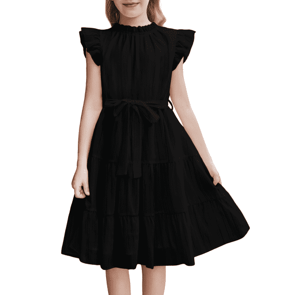 Oudiya Tween Girls Spring Dress Casual Ruffle Sleeve with Belt A Line Formal Elegant Party Dresses for Kids 5-16Y