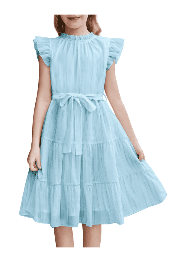 Tween Girls Spring Dress Casual Ruffle Sleeve with Belt A Line Formal Elegant Party Dresses for Kids 5-16Y