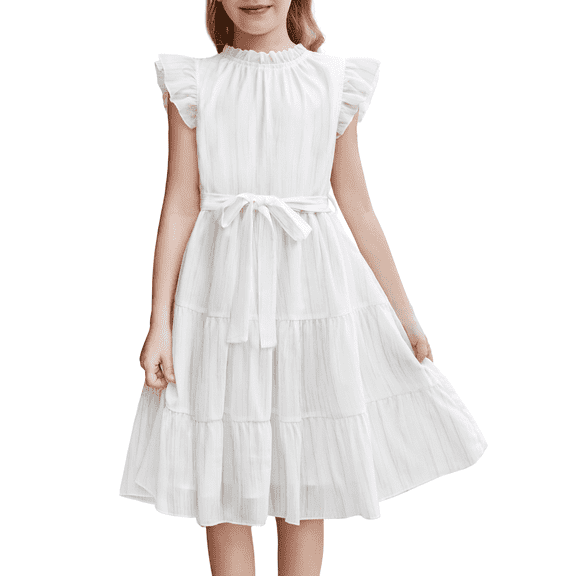 Oudiya Tween Girls Spring Dress Casual Ruffle Sleeve with Belt A Line Formal Elegant Party Dresses for Kids 5-16Y