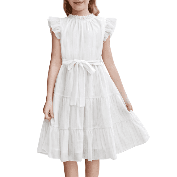 Oudiya Tween Girls Spring Dress Casual Ruffle Sleeve with Belt A Line Formal Elegant Party Dresses for Kids 5-16Y