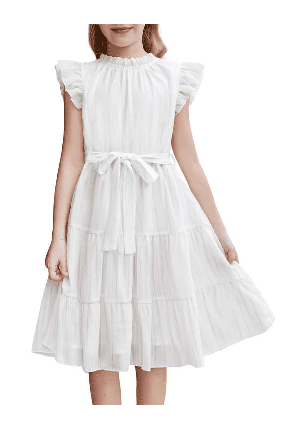 Tween Girls Spring Dress Casual Ruffle Sleeve with Belt A Line Formal Elegant Party Dresses for Kids 5-16Y