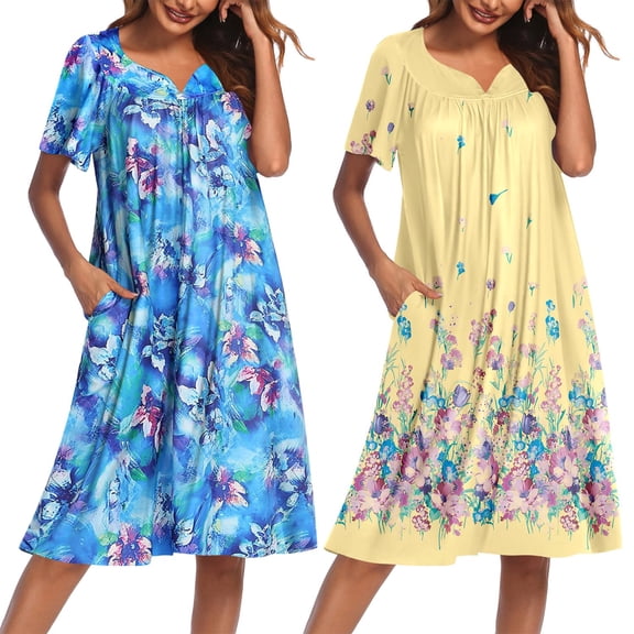 Oudiya Women 2 Pack House Dresses with Pockets Short Sleeve Moo Moos Floral Print Mumu Dress Nightgown, S-3XL