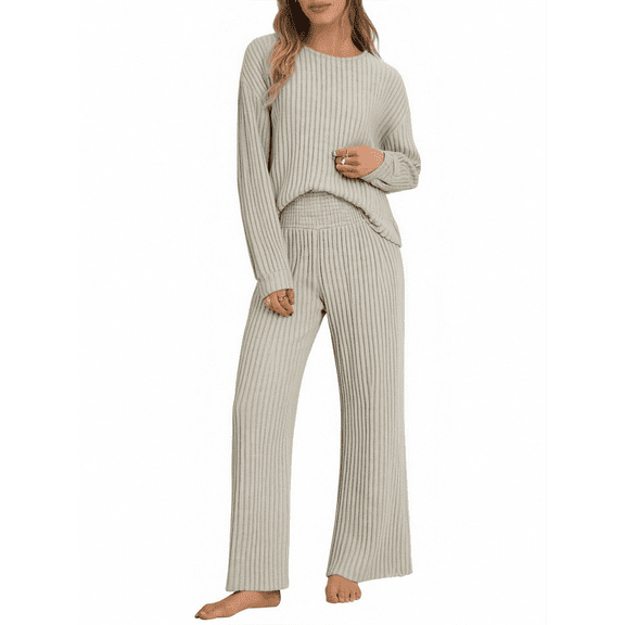 Oudiya 2 Piece Lounge Pajamas Sets for Women Fall Casual Ribbed Knit Long Sleeve Top Pants Outfits Set Trendy Clothes
