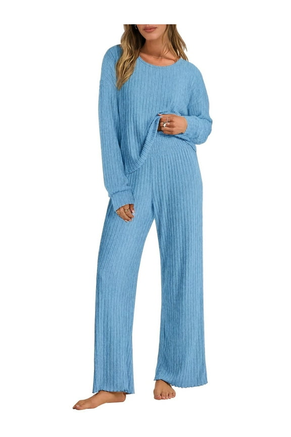 2 Piece Lounge Pajamas Sets for Women Fall Casual Ribbed Knit Long Sleeve Top Pants Outfits Set Trendy Clothes