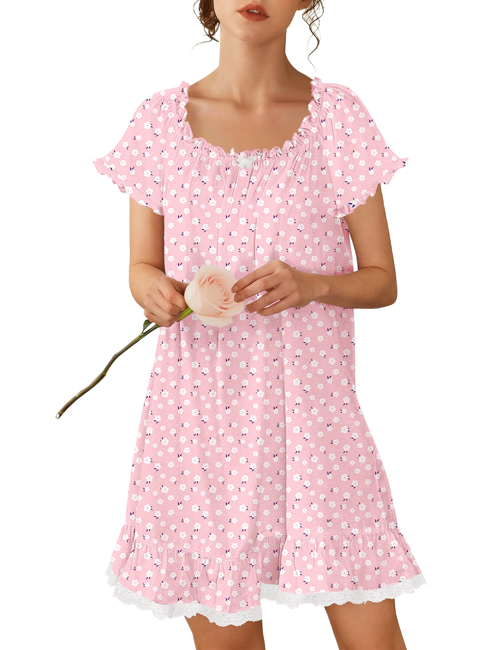 Oudiya Women Cotton Nightgown Vintage Victorian Sleep Shirts Short Sleeve Night Gowns Lace Sleep Dress Soft Sleepwear, S-3XL