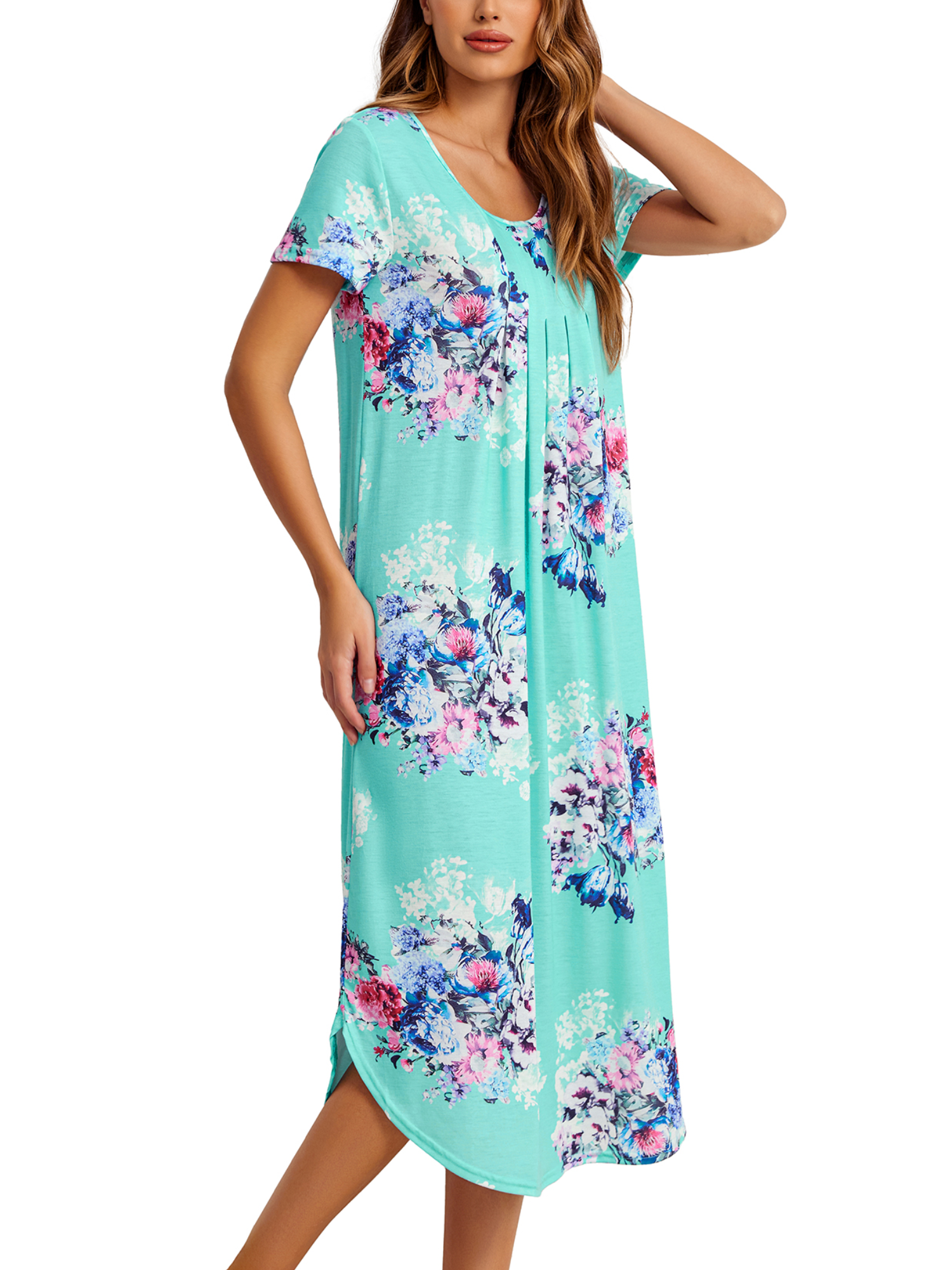 Oudiya Women Long Nightgown Short Sleeve House Dress Pleated Full Length Moo Moos Loungwear S-4XL