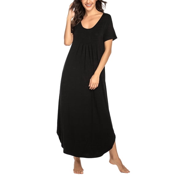 Oudiya Women Long Nightgown Short Sleeve House Dress Pleated Full Length Moo Moos Loungwear S-4XL
