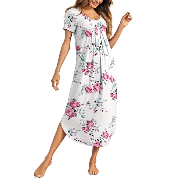Oudiya Women Long Nightgown Short Sleeve House Dress Pleated Full Length Moo Moos Loungwear S-4XL
