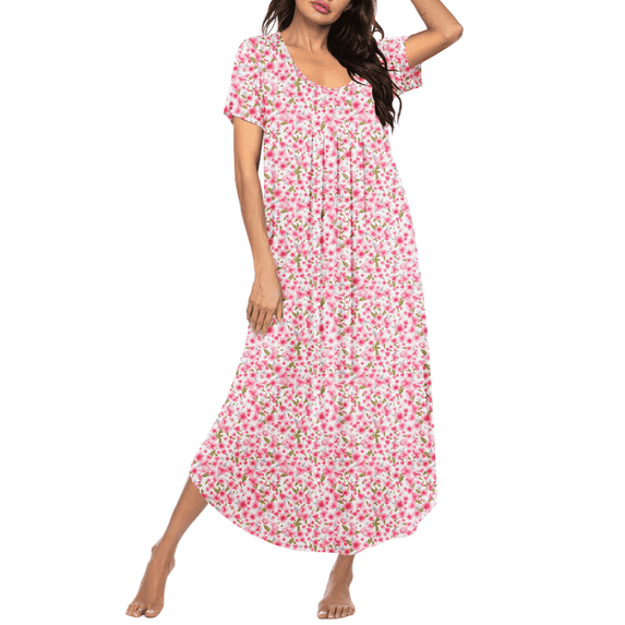 Oudiya Women Long Nightgown Short Sleeve House Dress Pleated Full Length Moo Moos Loungwear S-4XL