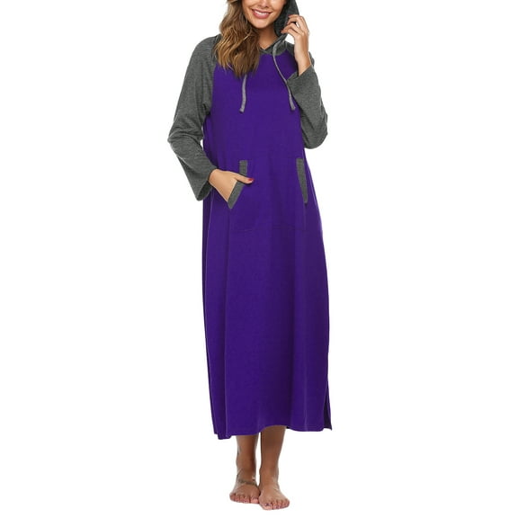 Oudiya Women Long Sleeve Nightgown Cotton Hooded Night Shirt Contrast Color Full Length Loungewear with Pocket, S-4XL
