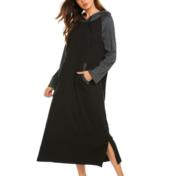 Oudiya Women Long Sleeve Nightgown Cotton Hooded Night Shirt Contrast Color Full Length Loungewear with Pocket, S-4XL