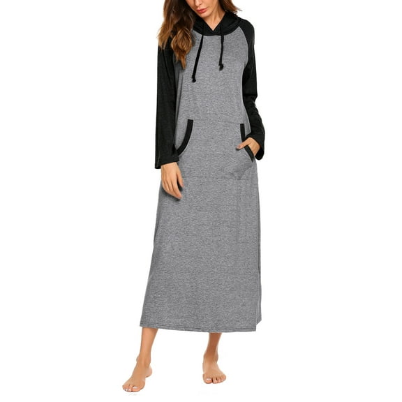 Oudiya Women Long Sleeve Nightgown Cotton Hooded Night Shirt Contrast Color Full Length Loungewear with Pocket, S-4XL