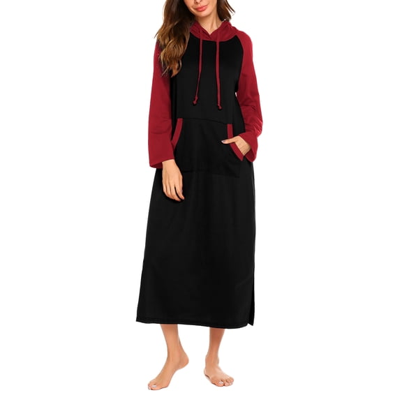 Oudiya Women Long Sleeve Nightgown Cotton Hooded Night Shirt Contrast Color Full Length Loungewear with Pocket, S-4XL