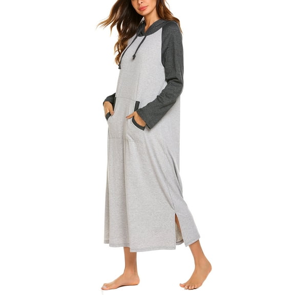 Oudiya Women Long Sleeve Nightgown Cotton Hooded Night Shirt Contrast Color Full Length Loungewear with Pocket, S-4XL