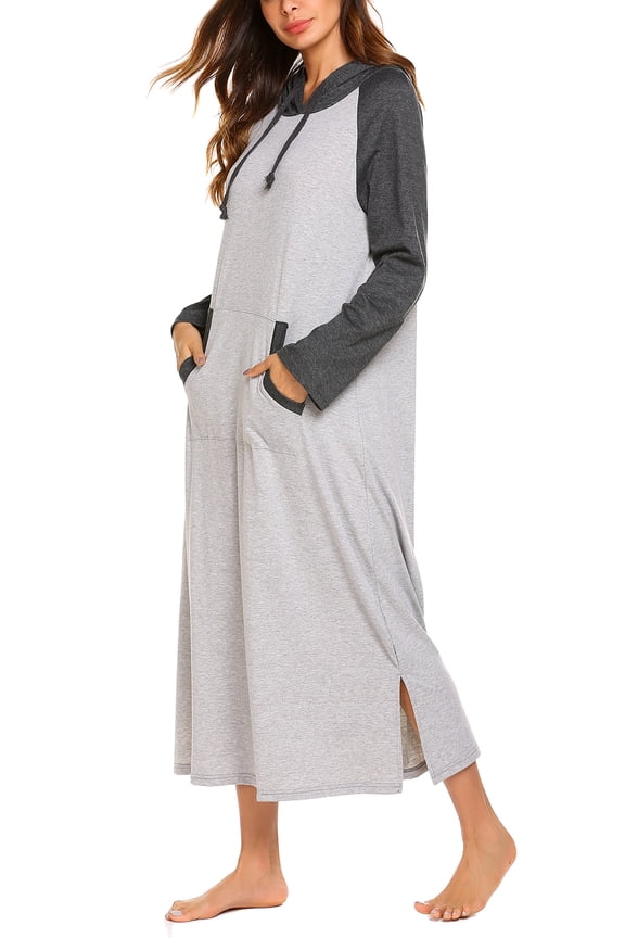 Women Long Sleeve Nightgown Cotton Hooded Night Shirt Contrast Color Full Length Loungewear with Pocket, S-4XL