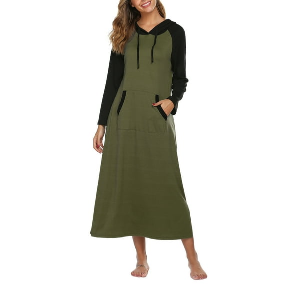 Oudiya Women Long Sleeve Nightgown Cotton Hooded Night Shirt Contrast Color Full Length Loungewear with Pocket, S-4XL