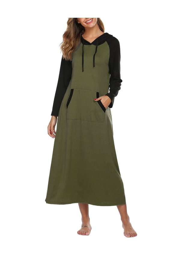 Women Long Sleeve Nightgown Cotton Hooded Night Shirt Contrast Color Full Length Loungewear with Pocket, S-4XL