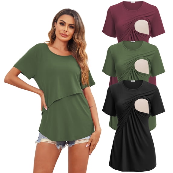 Oudiya Women Maternity Tops Short Sleeve Nursing Shirts 3 Pack Double Layer Breastfeeding Blouse Pregnancy Clothes S-XXL