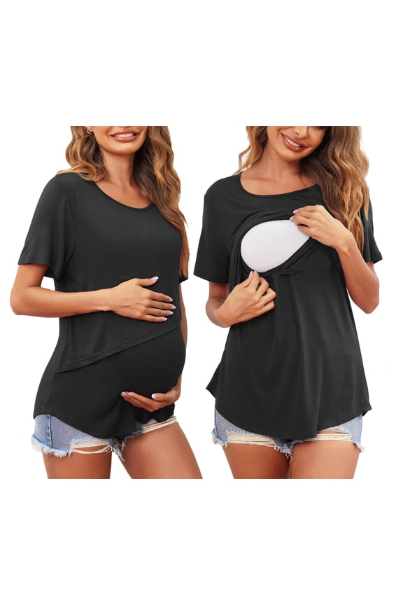 Women Maternity Tops Short Sleeve Nursing Shirts Double Layer Breastfeeding Blouse Pregnancy Clothes S-XXL