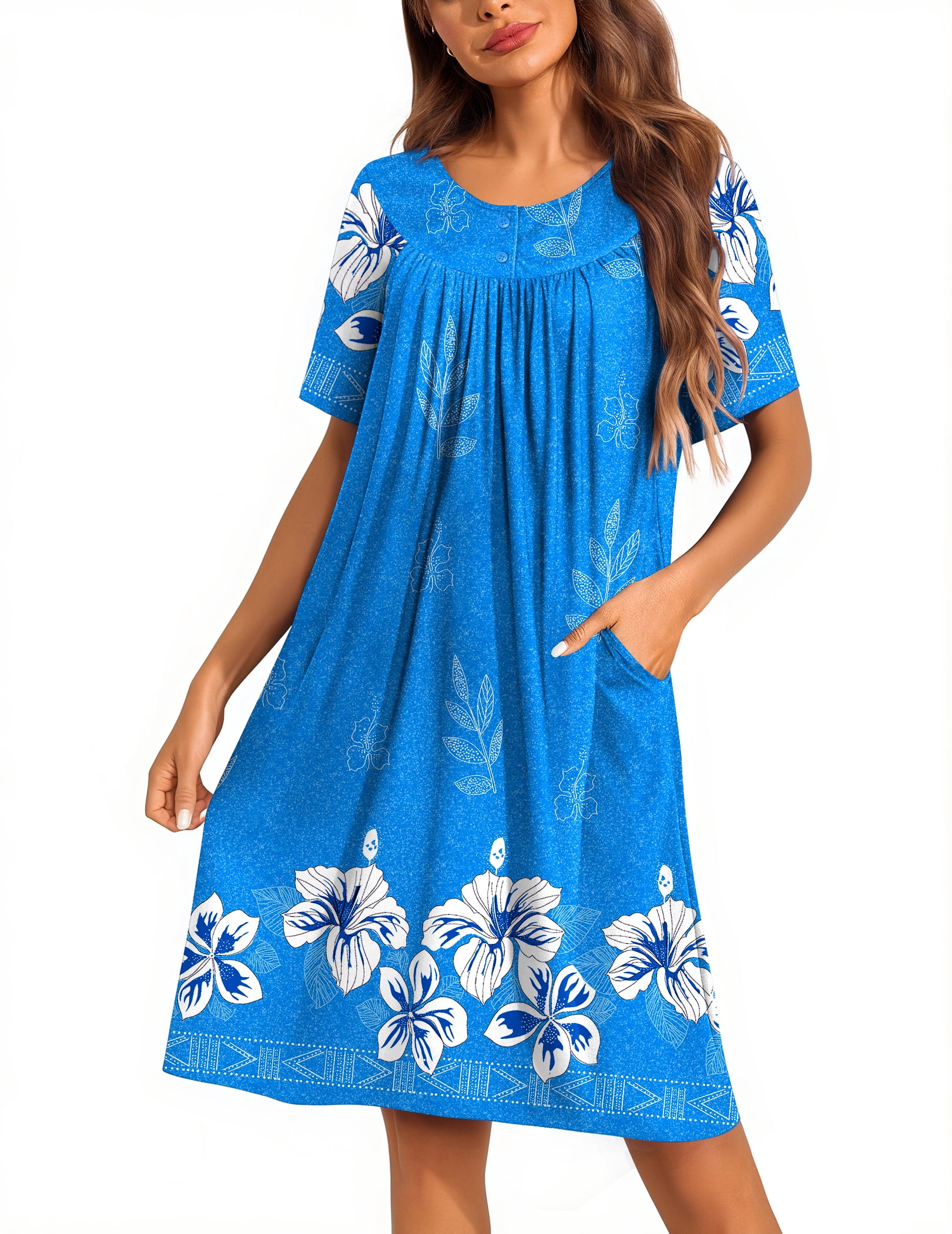 Plus Size Lounge Sleepwear House Dresses For Women With Pockets – Floral Cotton Nightgowns, Short Sleeve Moo Moos, Mumu Dresses For Lounge & Sleep