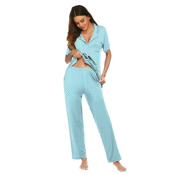 Oudiya Women Pajamas Set Notch Collar Soft Sleepwear Pjs Short Sleeve Button Down Nightwear with Long Pants