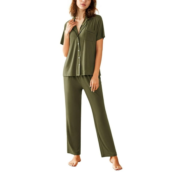 Oudiya Women Pajamas Set Notch Collar Soft Sleepwear Pjs Short Sleeve Button Down Nightwear with Long Pants